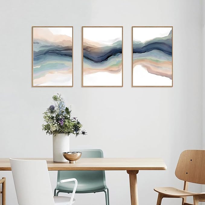 HLNIUC Blue Abstract Wall Art, Watercolor Line 16"x24" Framed Art Set of 3, Modern Wave Canvas Wall Decor, Natural Landscape Paint Stroke Prints for Living Room, Bedroom, Office