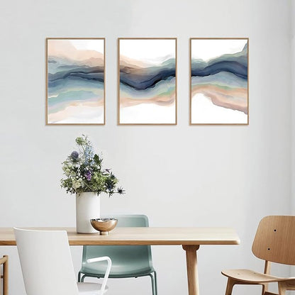 HLNIUC Blue Abstract Wall Art, Watercolor Line 24"x36" Framed Art Set of 3, Modern Wave Canvas Wall Decor, Natural Landscape Paint Stroke Prints for Living Room, Bedroom, Office