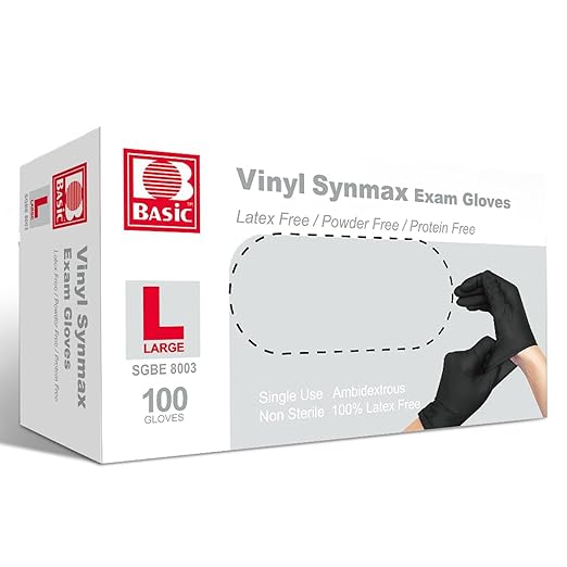 Jointown Basic Disposable Medical Synmax Vinyl Exam Gloves- 4 mil Safty Glove 100pcs - Latex-Free & Powder-Free - SGBE 8003, Large (box of 100, Black)