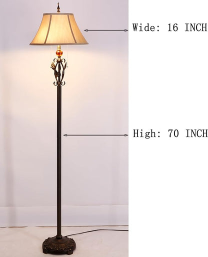 Farmhouse Mid-Century Yellow Fabric Floor Lamp with Metal Leaf Resin Base 70 Inch Height Decor for Office Bedroom Living Room