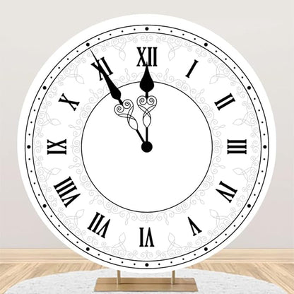 5.5x5.5ft Happy New Year Round Backdrop Cover Polyester Luxury White Clock New Year Countdown Photography Background for Family Xmas Eve Party Decorations Kids Adults Portrait Props