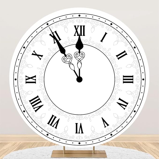 7.2x7.2ft Happy New Year Round Backdrop Cover - Polyester Luxury White Clock Countdown Photography Background for Family Xmas Eve Party Decorations Kids Adults Portrait Props