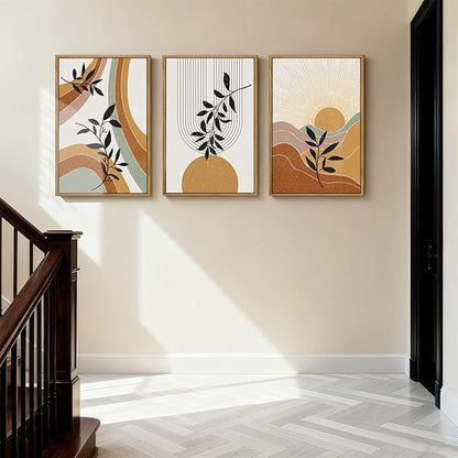 BINCUE Large Boho Framed Wall Art Painting Mid Century Modern Decor Prints for Living Room Bedroom Bathroom 16x24 Inch 3 Pieces