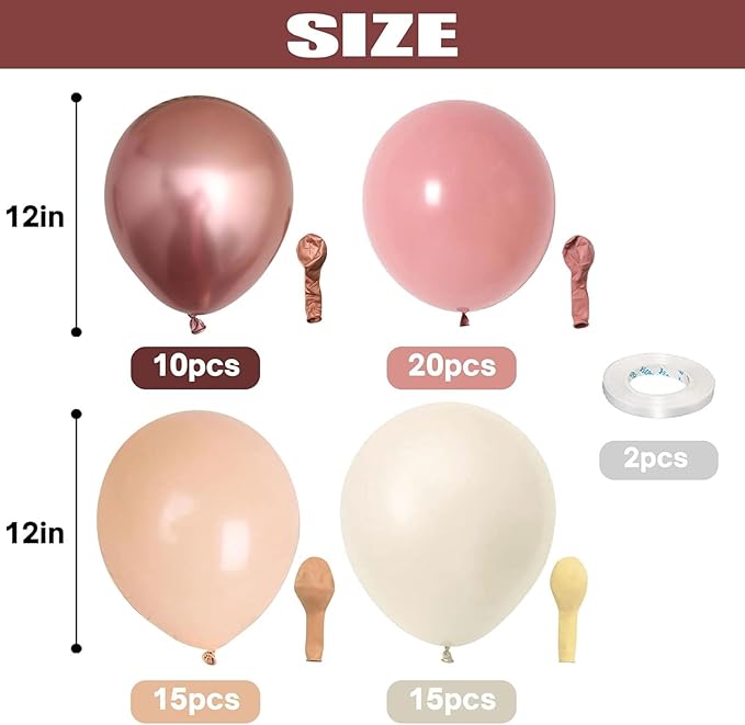 Retro Blush Pink Balloons, 60 Packs 12 Inch Dusty Pink Metallic Chrome Rose Gold White Sand Nude Balloons for Bridal Baby Shower Girls Boho Birthday Wedding Decorations Supplies