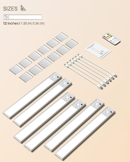 Under Cabinet Lighting with Remote Control,2500mAh USB Rechargeable Motion Sensor Light Indoor,350 Lumen LED Closet Light,3 Color Temps Wireless Under Counter Lights for Bedroom,Wardrobe,Stairs,6 Pack
