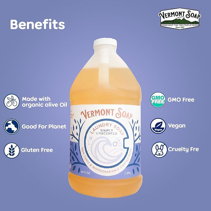 Vermont Soap Laundry Detergent, Laundry Soap, Natural Laundry Detergent Liquid, Baby Detergent, washing — Simply Unscented, 64 Fl Oz