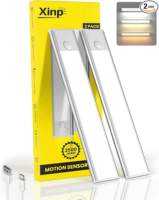 12inch Under Cabinet Lighting, 3 Color 2500mAh Magnetic Motion Activated Under Cabinet Lights, Rechargeable Closet Lights Battery Operated, Wireless Dimmable Under Counter Lights for Kitchen 2 Pack