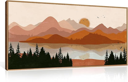 HLNIUC Boho Mountain Burnt Orange Wall Art Framed, Mid Century Modern Terracotta Wall Decor 40x20, Southwest Sunset Canvas Painting, Large Nature Picture for Living Room, Bedroom, Office