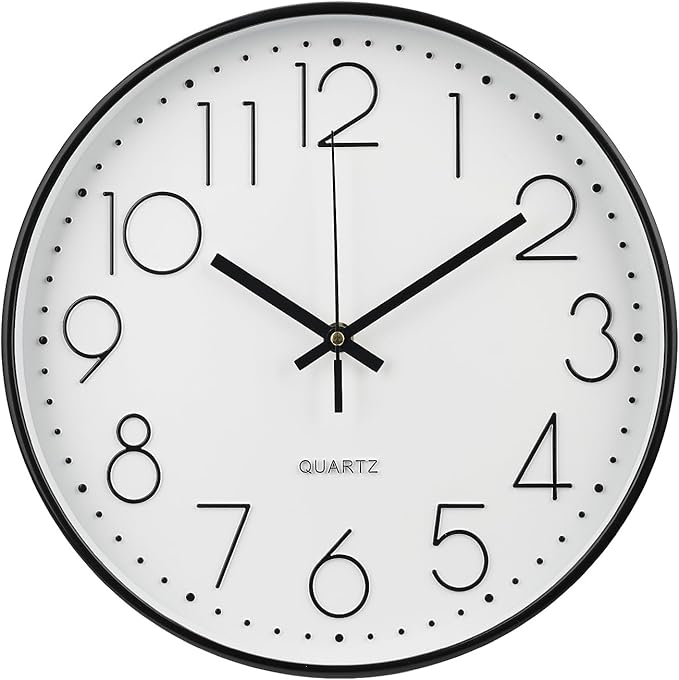 Wall Clock Non-Ticking Silent Modern Simple Style Round Decor Clock Stereoscopic Dial Quartz Wall Clocks for Home/Office/School/Living Room/Bedroom/Kitchen (Black, 8inch)