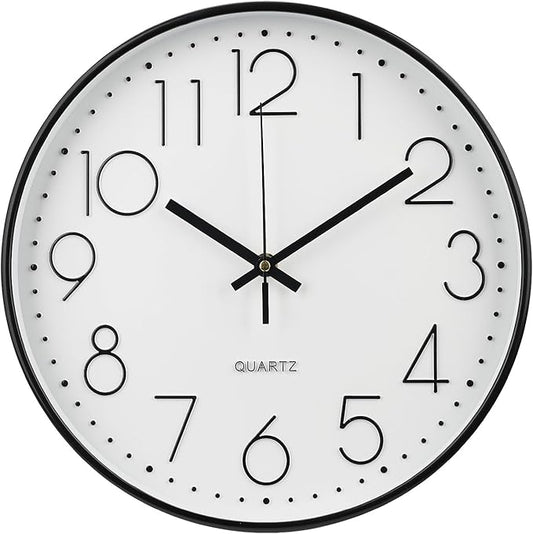 Wall Clock Non-Ticking Silent Modern Simple Style Round Decor Clock Stereoscopic Dial Quartz Wall Clocks for Home/Office/School/Living Room/Bedroom/Kitchen (Black, 8inch)