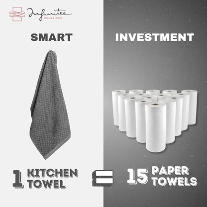 Infinitee Xclusives 100% Cotton Kitchen Towels - 15x25 Inch Ultra Soft Tea Towel, Super Absorbent Terry Dish Towels for Kitchen Linens |Grey|