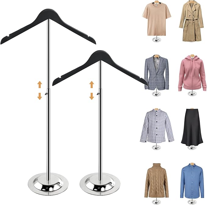 20-35 Inch Height Adjustable Shirt Display Stand, T Shirt Display Stand for Vendors, Shirts Rack for Clothing Dress Garment Coat Retail (Wooden-black, 2 Pcs)
