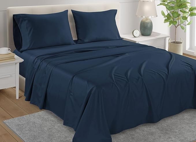 100% Egyptian Cotton Sheets Queen Size Set, 800 TC Deep Pocket Queen Sheets Set, Soft Breathable Sateen Weave 4 PC Elasticated Sheet & Pillowcase Sets, No Pill & Shrink, Fade Resistant- Dark Denim