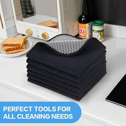 KinHwa Kitchen Washcloths for Dishes Absorbent Microfiber Dish Cloths Quick Dry Dish Rags with Poly Scour Scrub Side Ideal for Kitchen Cleaning (Black-B, 12inchx12inch 6 Pack)