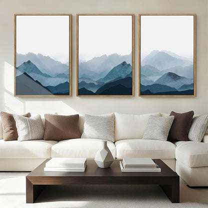 BINCUE Large Blue Mountain Wall Art Fog Blue Ridge Mountains Artwork for Living Room Bedroom Office 24" Lx36 W Set of 3