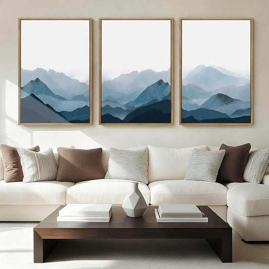 BINCUE Large Blue Mountain Wall Art Fog Blue Ridge Mountains Artwork for Living Room Bedroom Office 24" Lx36 W Set of 3