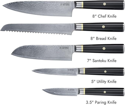 Yatoshi Magnetic Kitchen Knife Block Set 6 Pcs - Japanese 67 Layer High-Grade VG-10 Damascus Steel Knives, Sharp, G10 Handle Professional Kitchen Knife Set