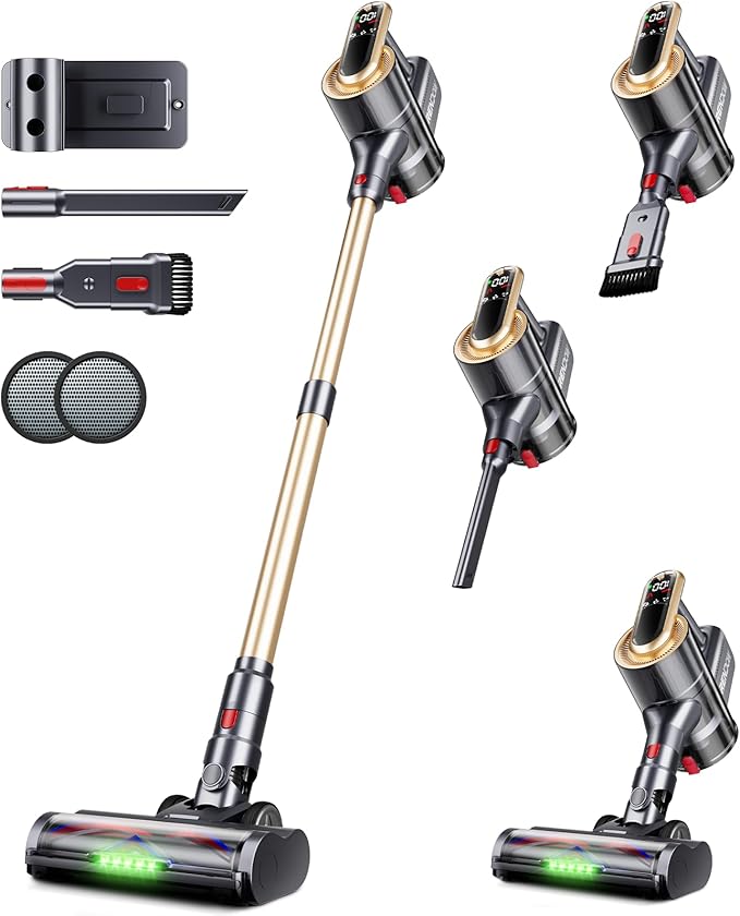 Cordless Vacuum Cleaner, 550W 45Kpa 65Mins Stick Vacuum, Self-Standing Vacuum Cleaners for Home with Wall Dock, LED Display, Anti-tangle Rechargeable Vacuum Cordless for Pet Hair/Carpet/Hard Floor