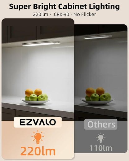 EZVALO 220LM Super Bright Under Cabinet Lighting Wireless, 5000mAh Rechargeable Battery Motion Sensor Light Indoor, Dimmable Under Counter Lights for Kitchen, 3-Inch Ultra-Wide Panel Closet Light