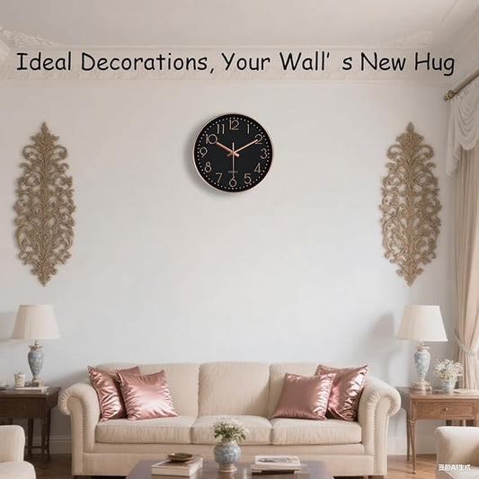 Wall Clock, Silent Wall Clocks Battery Operated 10 Inch- Modern Non Ticking Analog Clock with Large Numerals Tempered Glass Clocks for Bedroom, Living Room, Kitchen, Office Decor, Black