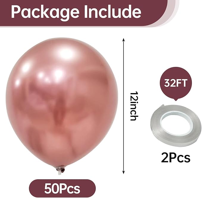 KALOR 12 Inch Metallic Rose Gold Balloons, 50 Pcs Latex Helium Metallic Balloons for Kid's Birthday Party, Baby Shower, Wedding, Graduate Party Decorations