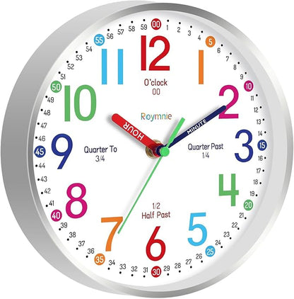 Wall Clock for Kids Learning to Tell Time Easily Non Ticking Battery Operated Kids Teaching Clock Silent Colorful Teaching Time Clock Decorative for Kids Room Classroom School (12 Inch)