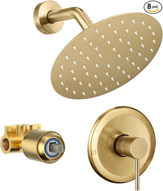 HUCKLE Shower Head, 8-Inch Gold Shower Faucet with Valve, Single-Handle Rainfall Shower Trim Kit, Matte Black Shower Fixtures for Bathroom