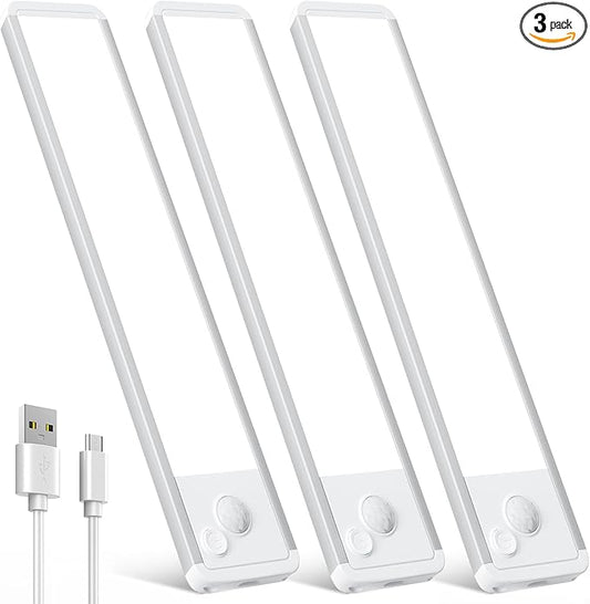 Under Cabinet Motion Sensor Lighting: 12 Inch Dimmable Rechargeable Lights Indoor - Battery Operated Lights - Undercabinet Closet Light Magnetic Led Light for Kitchen Home Bathroom Counter 3 Pack