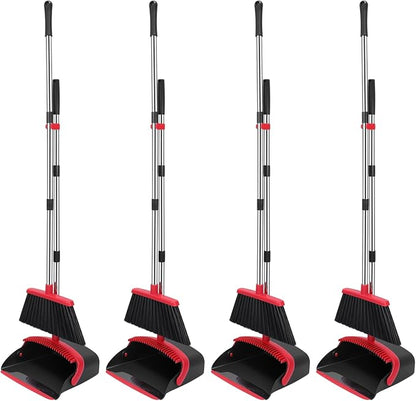 NACENA Broom and Dustpan Set, 52-in Long Adjustable Handle Broom Dustpan Combo with Dustpan Teeth to Automatically Clean Hair Suitable for Home Kitchen Office Hall Floor (Black&Red), 4 Pack