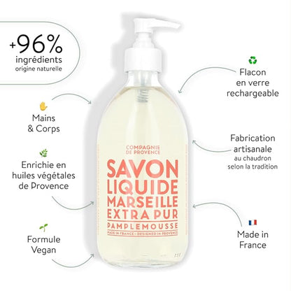 Compagnie de Provence Savon de Marseille Extra Pure Liquid Soap - Pink Grapefruit - 16.7 Fl Oz Glass Pump Bottle