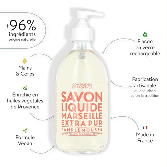 Compagnie de Provence Savon de Marseille Extra Pure Liquid Soap - Pink Grapefruit - 16.7 Fl Oz Glass Pump Bottle