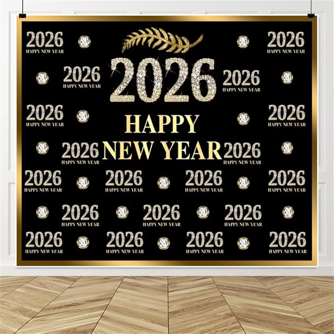 Happy New Year Backdrop 10x8ft Fabric 2026 New Year Party Decoration Backdrop NYE Backdrops for Photography