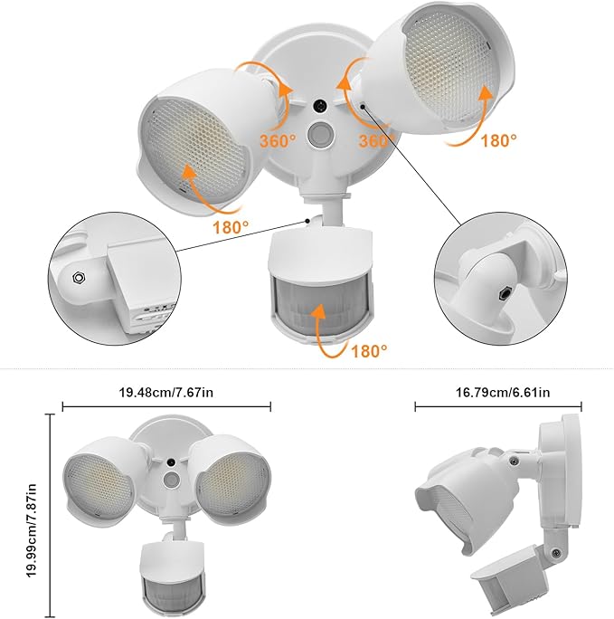 15W 1500 Lumen LED Security Lights with Motion Sensor Outdoor, 3000K/5000K Light, IP65 Waterproof, Dusk to Dawn, Dual-Head Motion Detected Flood Wall Light for Garage Yard Porch (White)
