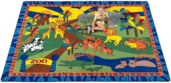 Animals at The Zoo Nylon Area Rug, 6' x 8'6", Multicolored, Educational Classroom Rug, Kids Learning Play Mat | Area Rug for Bedroom or Playroom