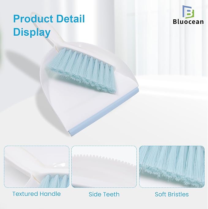 Mini Broom and Dustpan, Plus an Adhesive Hook Set, 7" Dustpan Opening, Bristles for Hair and Small Debris, Mini Portable Hand Brush for Pet, Sofa, Desk, Kitchen (White & Seafoam Blue)