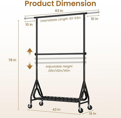 Heavy Duty Clothes Rack for Hanging Clothes, Double Rods Clothing Rack with Lockable Wheels, Rolling Metal Garment Racks Heavy Duty, Portable Wardrobe Closet Racks, Black