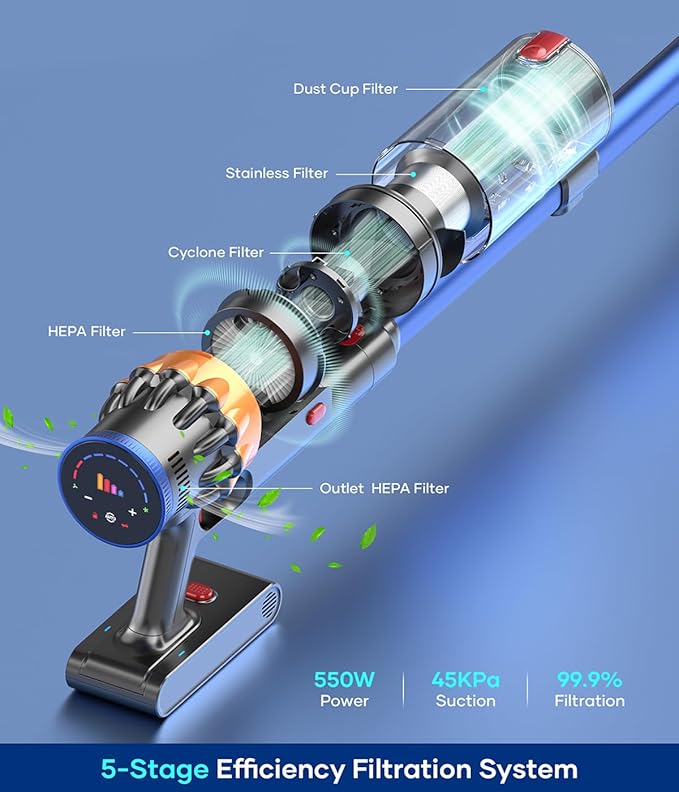 Cordless Vacuum Cleaner, 550W 45Kpa 60Mins Vacuum Cleaners for Home, Stick Vacuum with Intelligent Display, Anti-Tangle & Auto Mode, Rechargeable Vacuum for Pet Hair Carpet Hardwood Floor