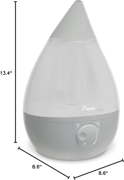 Crane Ultrasonic Teardrop Cool Mist Humidifier, Large 1 Gal Tank, Automatic Shut-Off, Baby Humidifiers for Nursery and Bedroom, Grey