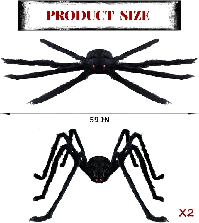 ZMCINER Halloween Spiders Large Outdoor Big Spider Decorations Realistic Scary Hairy Halloween Decor (2 Pack 59 Inch)