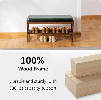 Solid Wood Shoe Bench, 2-Tier Wooden Entryway Bench, Modern Shoe Rack with Faux Leather Cushion for Hallway, Living Room (Green, 31.5'')