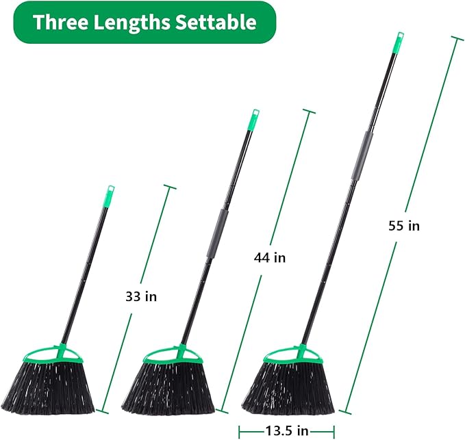 2 Pack Heavy Duty Brooms, 55" Long Handle Indoor Outdoor Angle Broom Set, Household Commercial Floor Cleaning, for Sweeping Home, Kitchen, Deck, Garage, Patio - Green