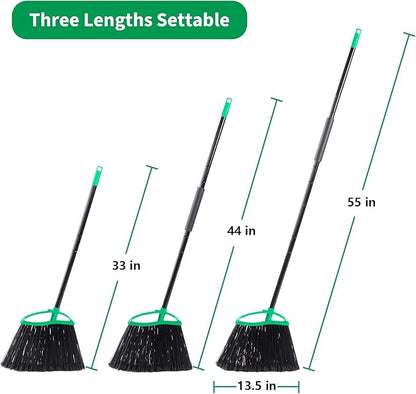 2 Pack Heavy Duty Brooms, 55" Long Handle Indoor Outdoor Angle Broom Set, Household Commercial Floor Cleaning, for Sweeping Home, Kitchen, Deck, Garage, Patio - Green