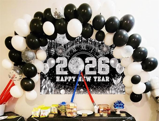 Happy New Year 2026 Black Silver Backdrop 2026 New Year Eve Countdown Photo Background Cheer to 2026 Party Decoration Banner Photo Supplies