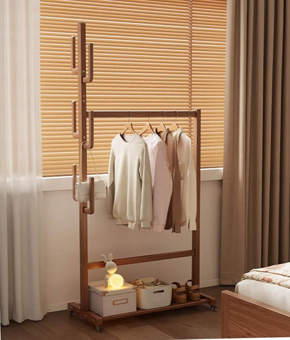 Solid Wood Clothing Rack with Wheels and Hooks, Heavy Duty Garment Rack with Shelf, Easy Assembly, Rolling Rack for Clothes, Coats, Skirts, Shoes, Bags,