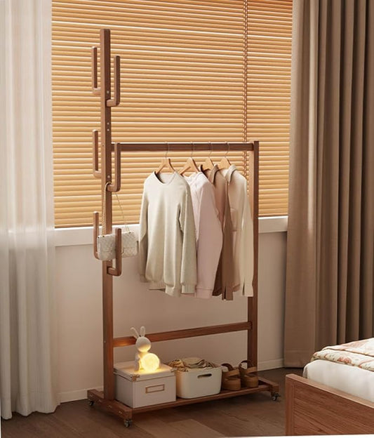 Solid Wood Clothing Rack with Wheels and Hooks, Heavy Duty Garment Rack with Shelf, Easy Assembly, Rolling Rack for Clothes, Coats, Skirts, Shoes, Bags,