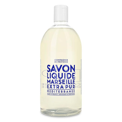 Compagnie de Provence Savon de Marseille Extra Pure Liquid Soap - Mediterranean Sea - 16.7 Fl Oz Glass Pump Bottle and 33.8 fl oz Plastic Bottle Refill