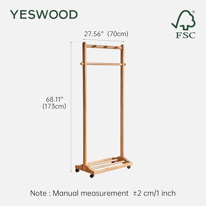 YESWOOD Solid Wood Clothes Rack, Rolling Garment Rack with Wheels & Shelves Storage & 5 Hooks Heavy Duty Clothing Rack,Portable Clothes Rack for Bedroom, Living Room, Entryway