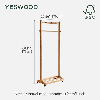 YESWOOD Solid Wood Clothes Rack, Rolling Garment Rack with Wheels & Shelves Storage & 5 Hooks Heavy Duty Clothing Rack,Portable Clothes Rack for Bedroom, Living Room, Entryway