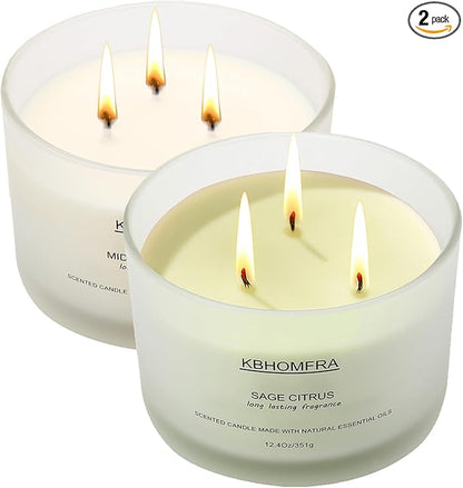 Scented Soy Wax Candle, 12.4 Oz Glass Jar, 70+ Hours Burn Time, Natural Essential Oils, Cotton Wick, Long Lasting Fragrance, Modern Contemporary Style (Gardenia+Sage Citrus 2pack)