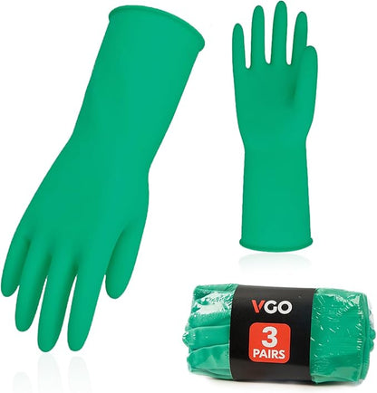 Vgo... 3-Pairs Reusable Household Gloves, Rubber Dishwashing gloves, Extra Thickness, Long Sleeves, Kitchen Cleaning, Working, Painting, Gardening, Pet Care (Size L, Green, HH4601)